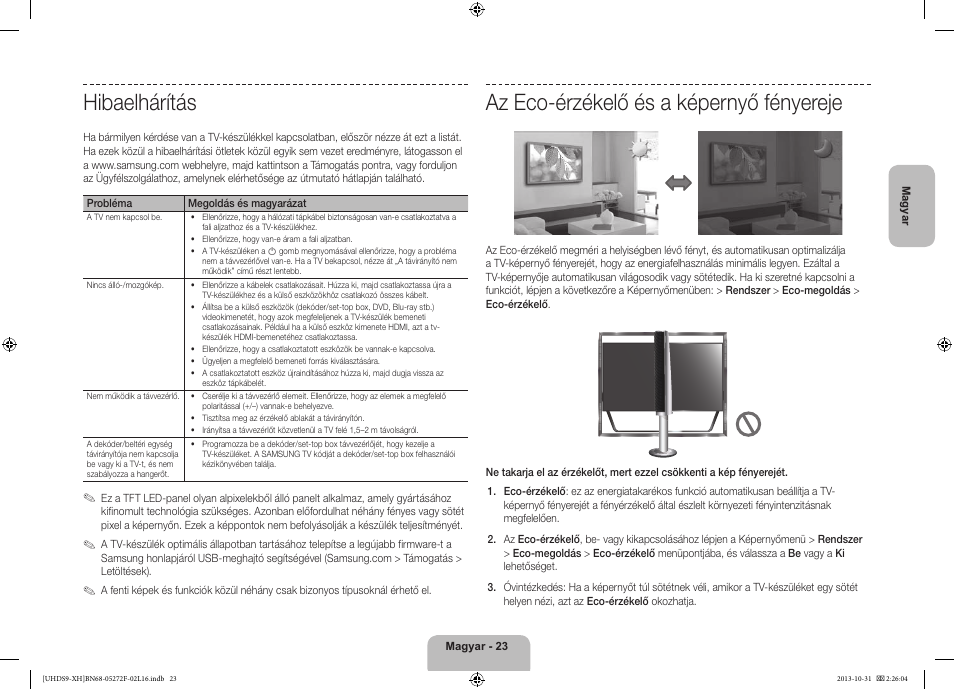 Hibaelhárítás, Az eco-érzékelő és a képernyő fényereje | Samsung UE85S9ST User Manual | Page 47 / 385