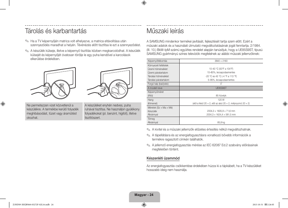 Műszaki leírás, Tárolás és karbantartás | Samsung UE85S9ST User Manual | Page 48 / 385