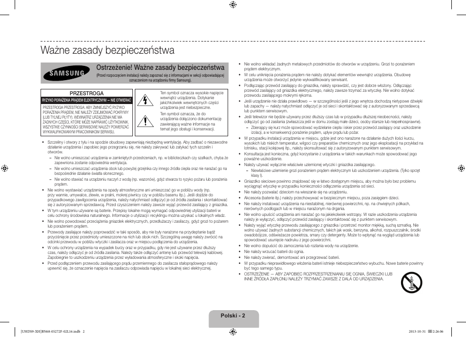 Ważne zasady bezpieczeństwa, Ostrzeżenie! ważne zasady bezpieczeństwa | Samsung UE85S9ST User Manual | Page 50 / 385