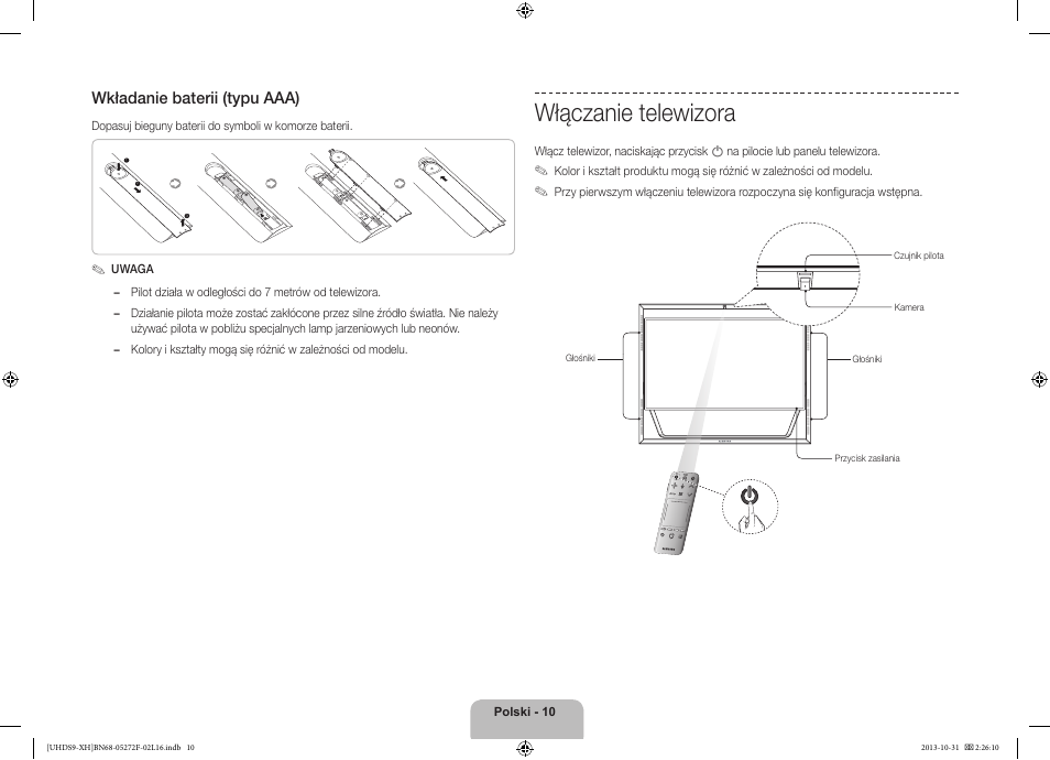 Włączanie telewizora, Wkładanie baterii (typu aaa) | Samsung UE85S9ST User Manual | Page 58 / 385