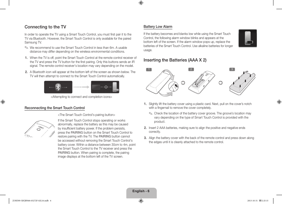 Connecting to the tv, Inserting the batteries (aaa x 2) | Samsung UE85S9ST User Manual | Page 6 / 385