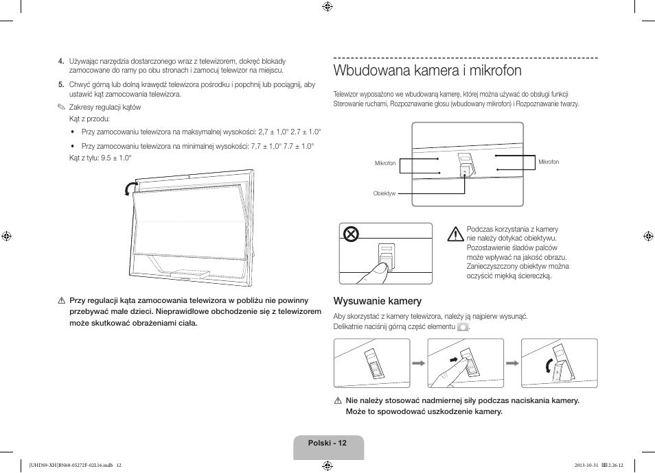 Wbudowana kamera i mikrofon, 경고 주의 경고 주의, Wysuwanie kamery | Samsung UE85S9ST User Manual | Page 60 / 385