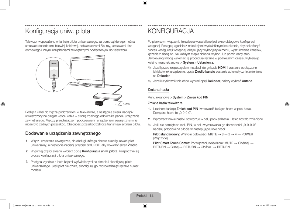 Konfiguracja uniw. pilota, Konfiguracja | Samsung UE85S9ST User Manual | Page 62 / 385