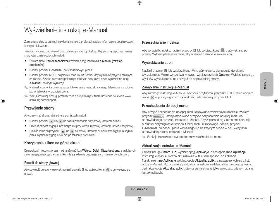 Wyświetlanie instrukcji e-manual, Przewijanie strony, Korzystanie z ikon na górze ekranu | Samsung UE85S9ST User Manual | Page 65 / 385