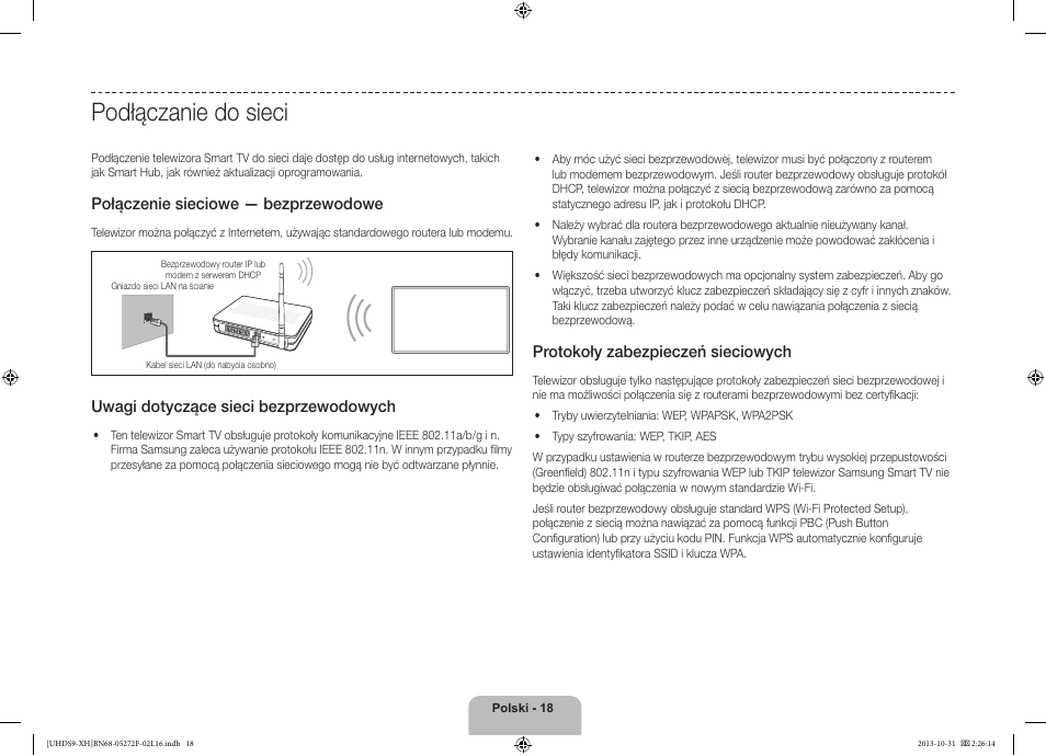 Podłączanie do sieci, Połączenie sieciowe — bezprzewodowe, Uwagi dotyczące sieci bezprzewodowych | Protokoły zabezpieczeń sieciowych | Samsung UE85S9ST User Manual | Page 66 / 385