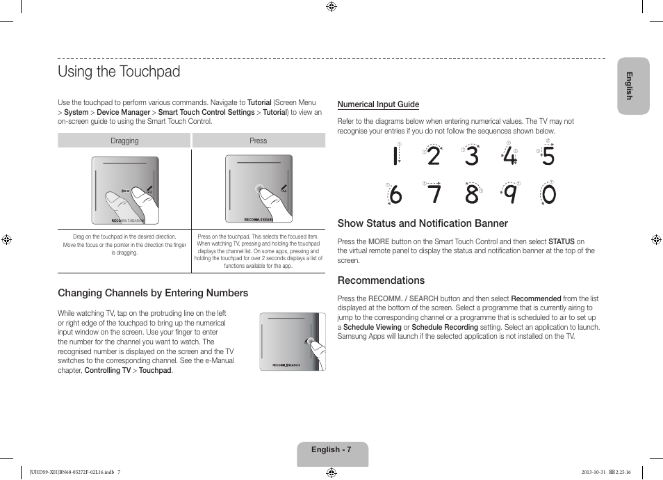 Using the touchpad, Changing channels by entering numbers, Show status and notification banner | Recommendations | Samsung UE85S9ST User Manual | Page 7 / 385