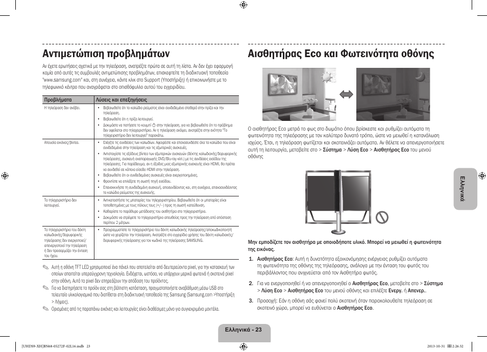 Αντιμετώπιση προβλημάτων, Αισθητήρας eco και φωτεινότητα οθόνης | Samsung UE85S9ST User Manual | Page 95 / 385