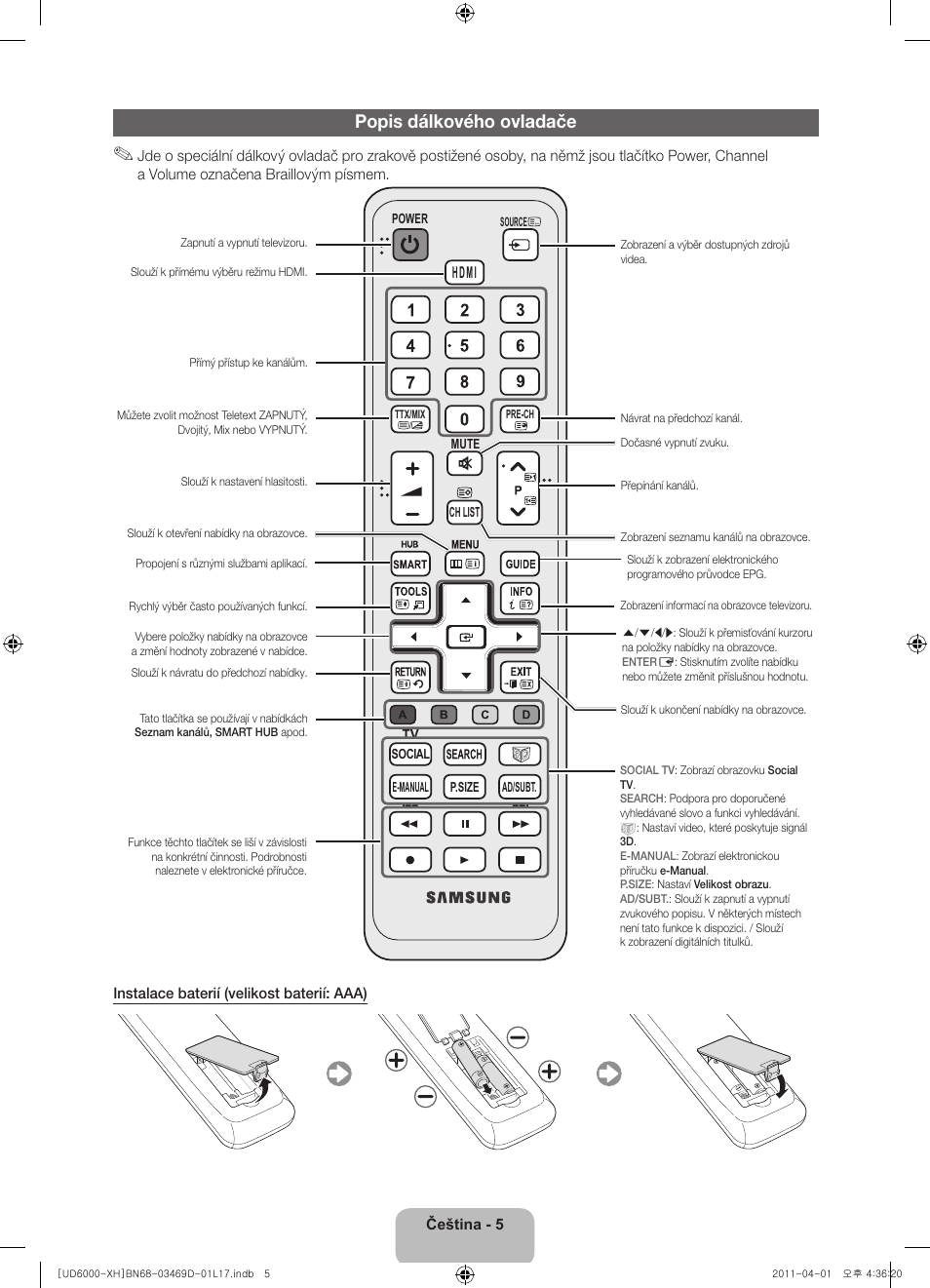 Popis dálkového ovladače | Samsung UE46D6000TW User Manual | Page 127 / 344
