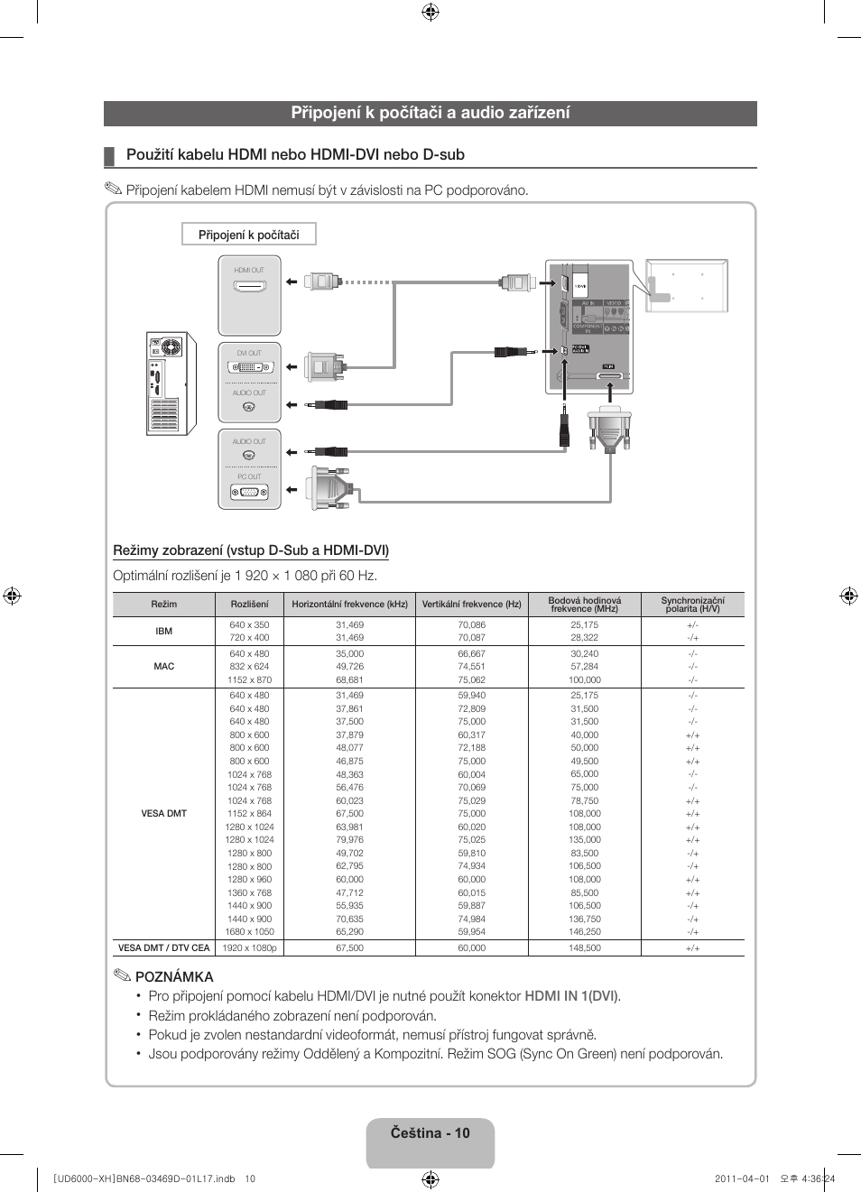 Připojení k počítači a audio zařízení, Použití kabelu hdmi nebo hdmi-dvi nebo d-sub | Samsung UE46D6000TW User Manual | Page 132 / 344
