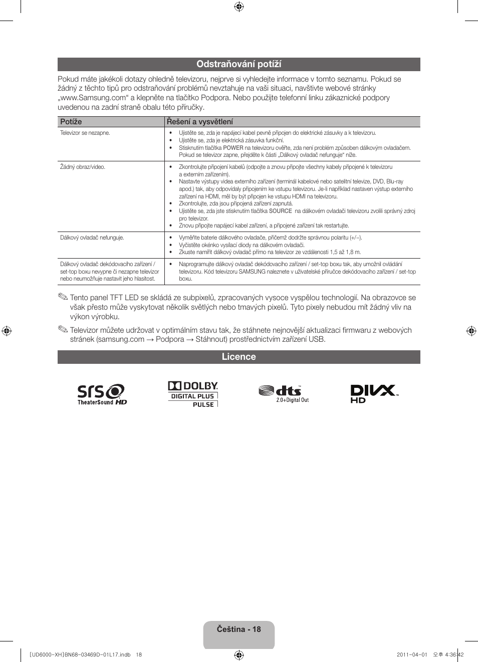 Odstraňování potíží, Licence | Samsung UE46D6000TW User Manual | Page 140 / 344
