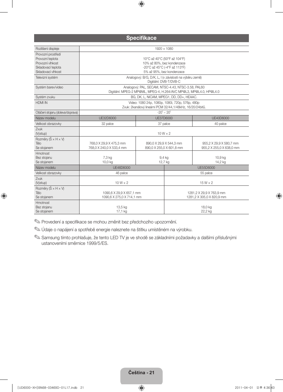 Specifikace | Samsung UE46D6000TW User Manual | Page 143 / 344