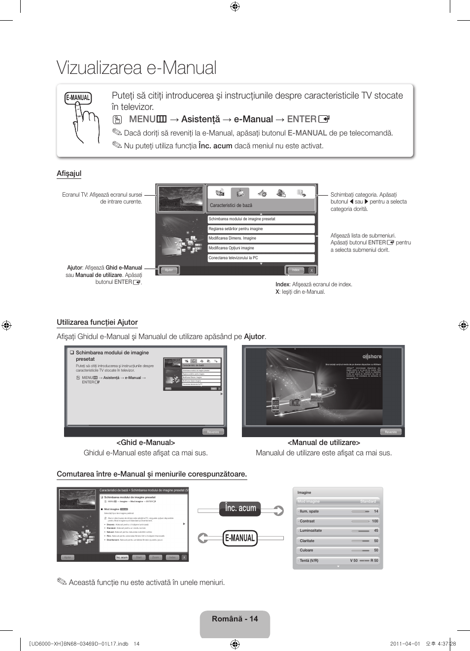 Vizualizarea e-manual, E-manual înc. acum, Română - 14 | Această funcţie nu este activată în unele meniuri, E-manual | Samsung UE46D6000TW User Manual | Page 176 / 344