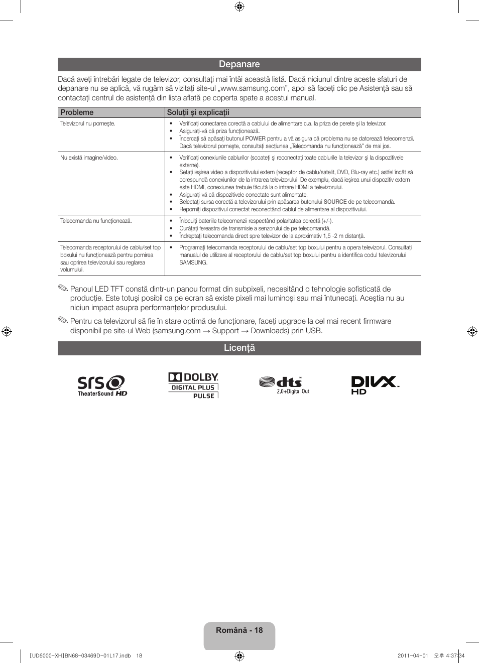 Depanare, Licenţă | Samsung UE46D6000TW User Manual | Page 180 / 344
