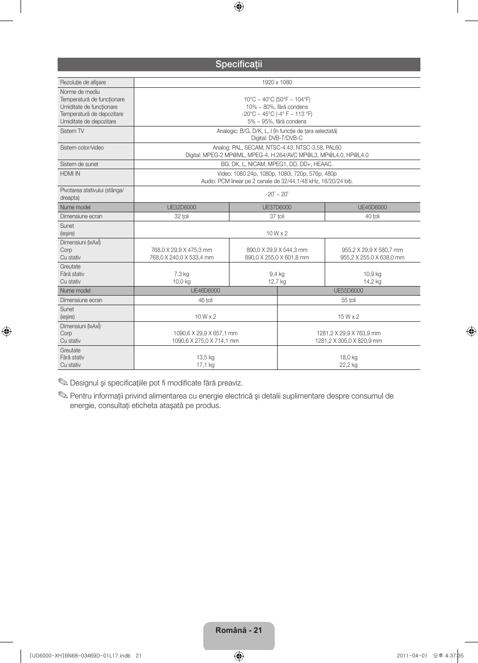Specificaţii | Samsung UE46D6000TW User Manual | Page 183 / 344