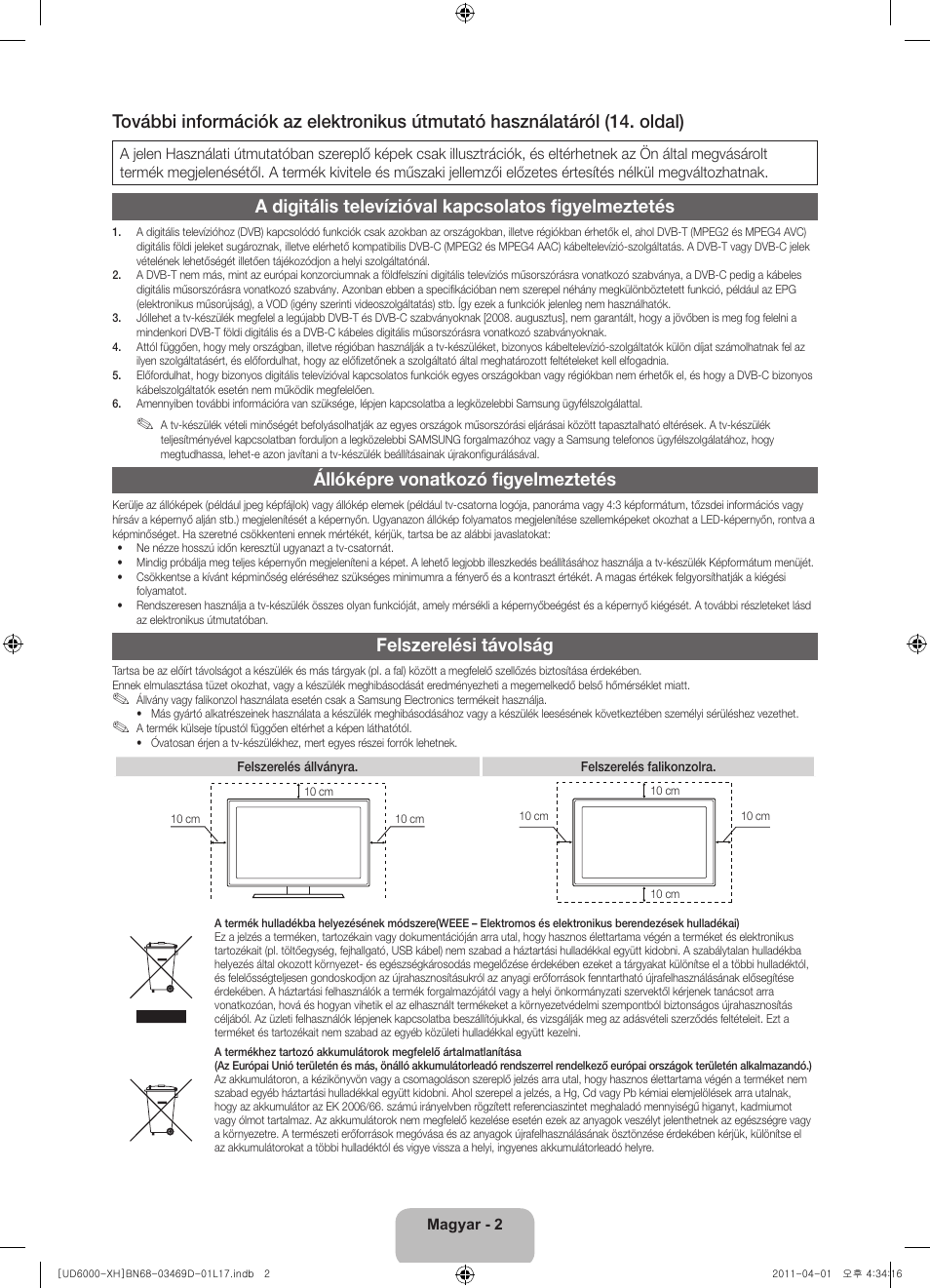Állóképre vonatkozó figyelmeztetés, Felszerelési távolság | Samsung UE46D6000TW User Manual | Page 24 / 344