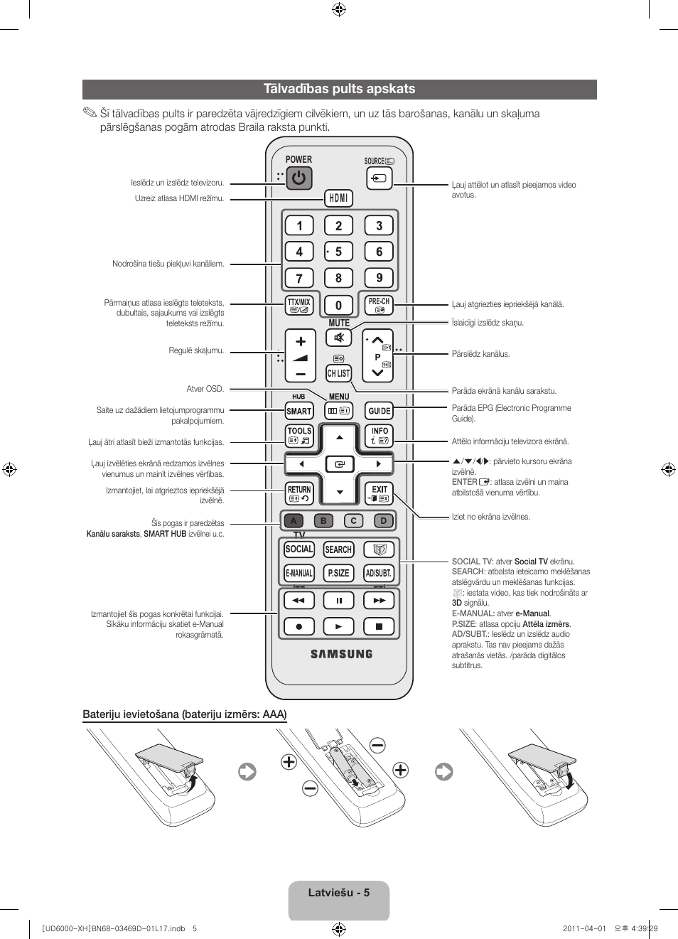 Tālvadības pults apskats | Samsung UE46D6000TW User Manual | Page 267 / 344