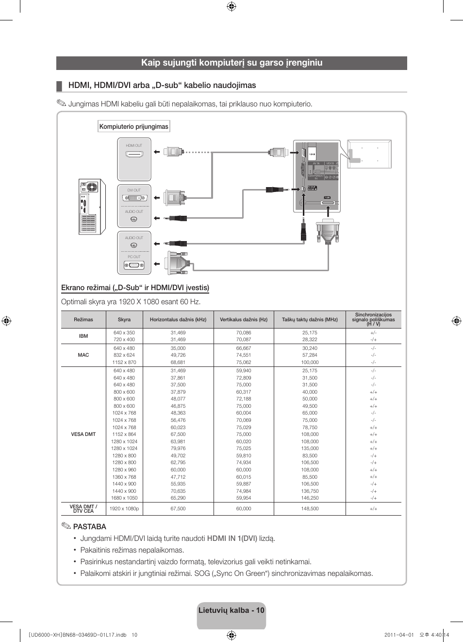 Kaip sujungti kompiuterį su garso įrenginiu, Hdmi, hdmi/dvi arba „d-sub“ kabelio naudojimas | Samsung UE46D6000TW User Manual | Page 292 / 344