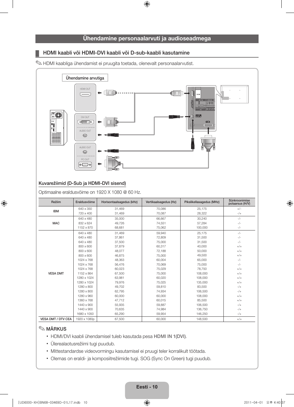 Ühendamine personaalarvuti ja audioseadmega | Samsung UE46D6000TW User Manual | Page 312 / 344