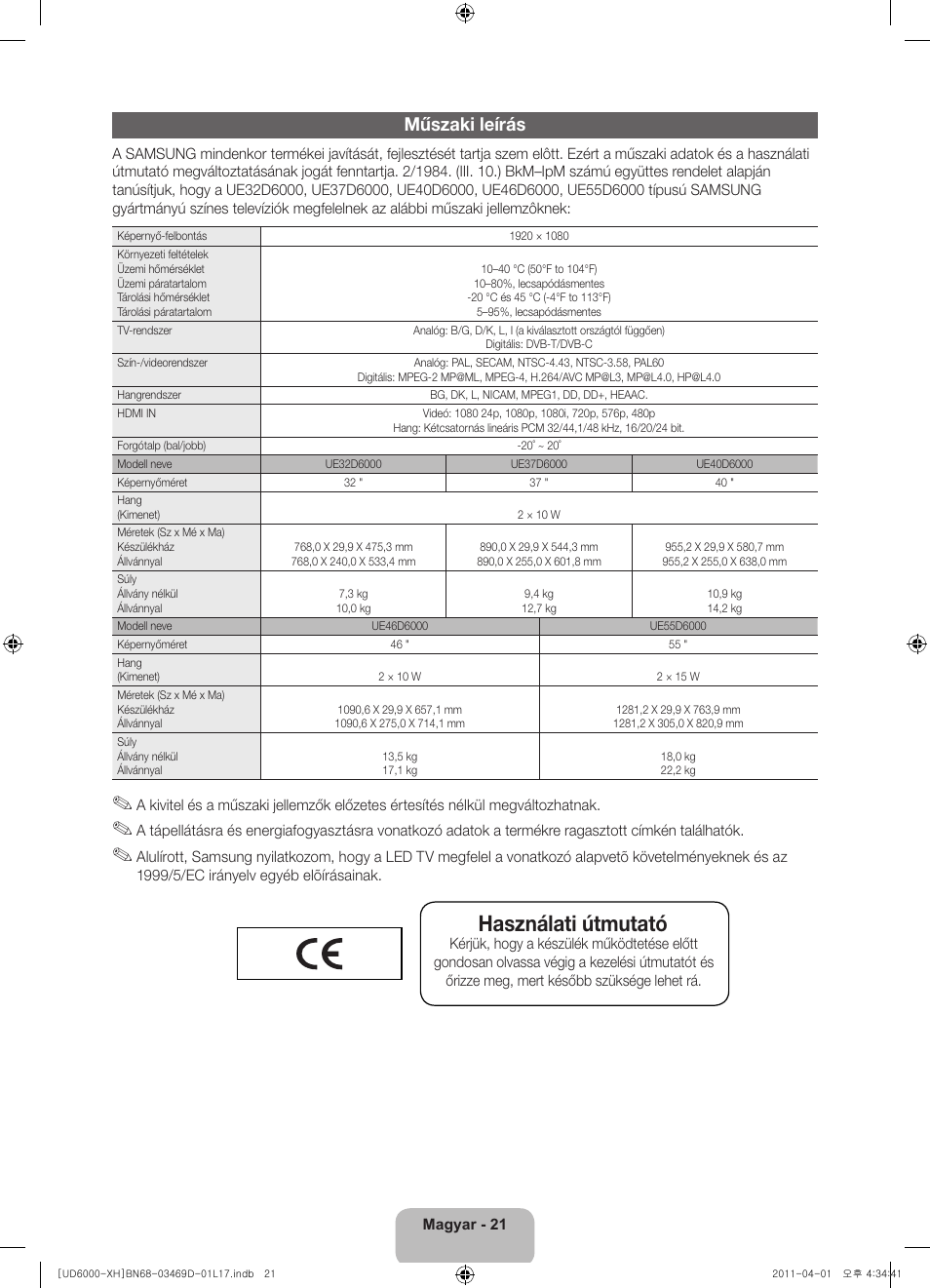 Használati útmutató, Műszaki leírás | Samsung UE46D6000TW User Manual | Page 43 / 344