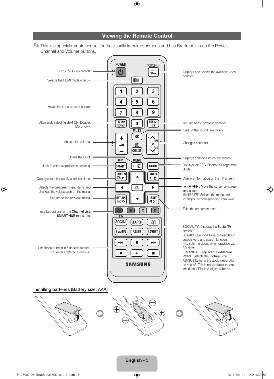 Viewing the remote control | Samsung UE46D6000TW User Manual | Page 5 / 344