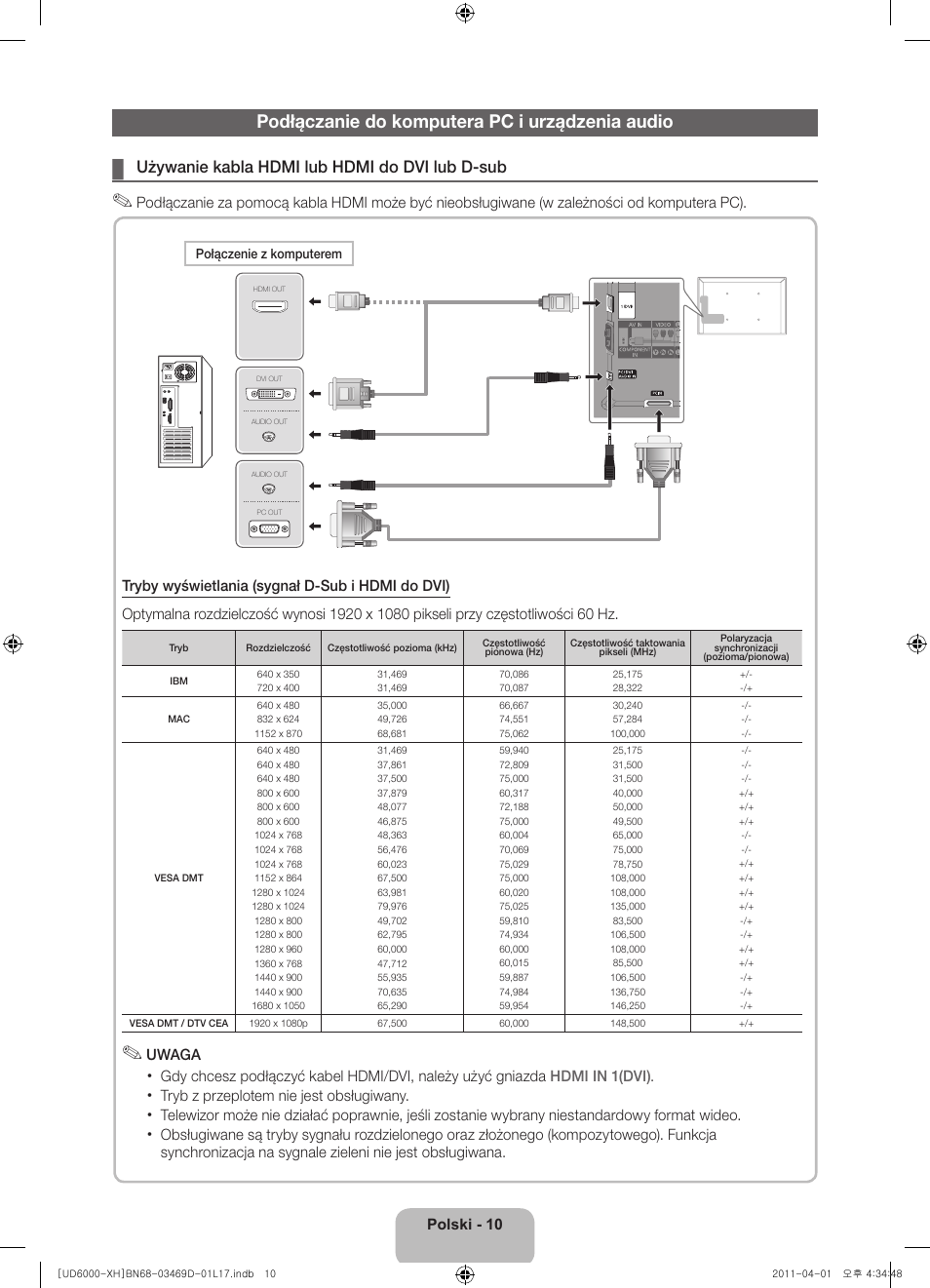 Podłączanie do komputera pc i urządzenia audio, Używanie kabla hdmi lub hdmi do dvi lub d-sub | Samsung UE46D6000TW User Manual | Page 52 / 344