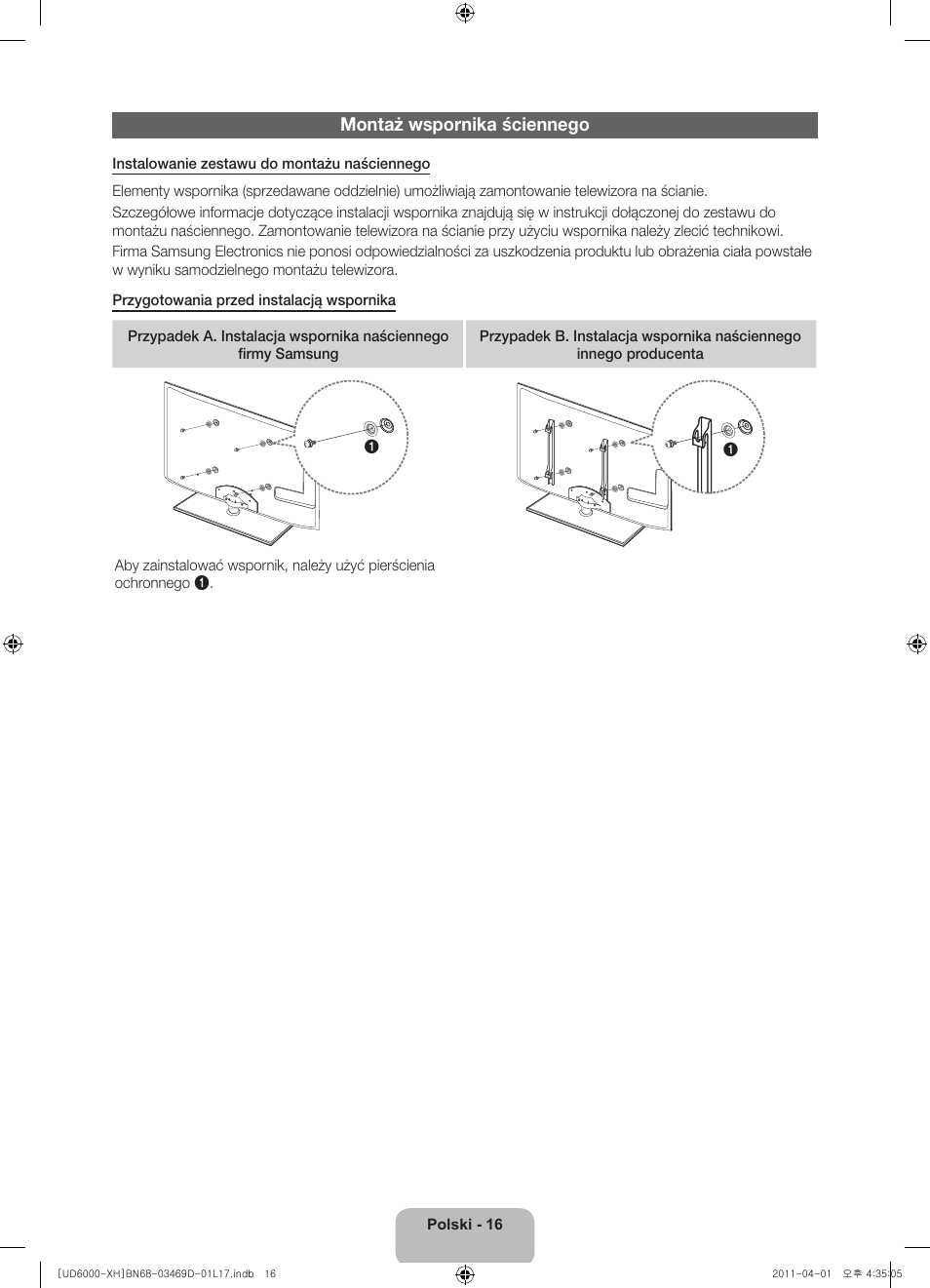 Montaż wspornika ściennego | Samsung UE46D6000TW User Manual | Page 58 / 344