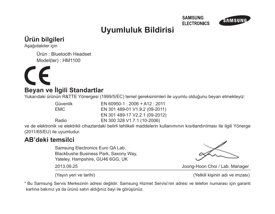 Uyumluluk bildirisi, Ürün bilgileri, Beyan ve ilgili standartlar | Ab’deki temsilci | Samsung BHM1100 User Manual | Page 100 / 149