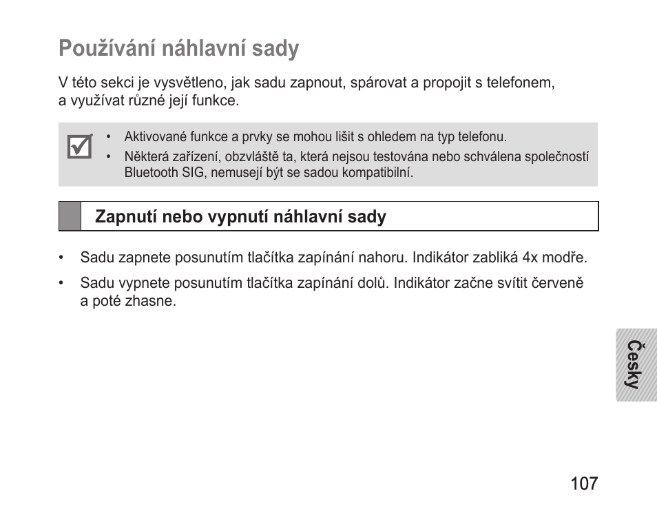 Používání náhlavní sady, Zapnutí nebo vypnutí náhlavní sady | Samsung BHM1100 User Manual | Page 109 / 149