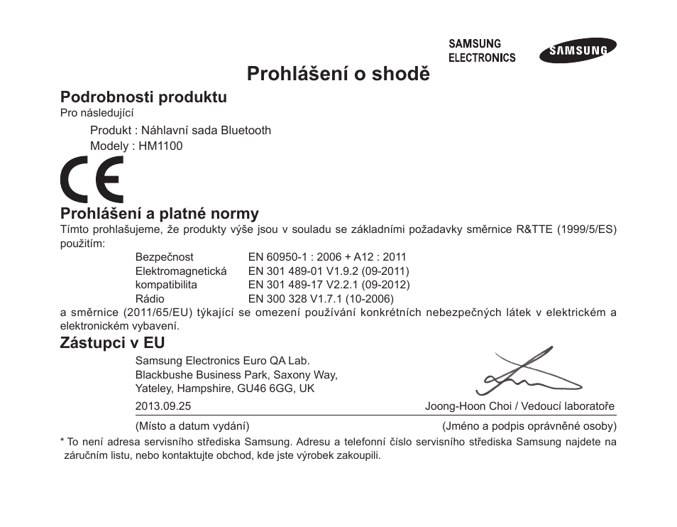 Prohlášení o shodě, Podrobnosti produktu, Prohlášení a platné normy | Zástupci v eu | Samsung BHM1100 User Manual | Page 124 / 149