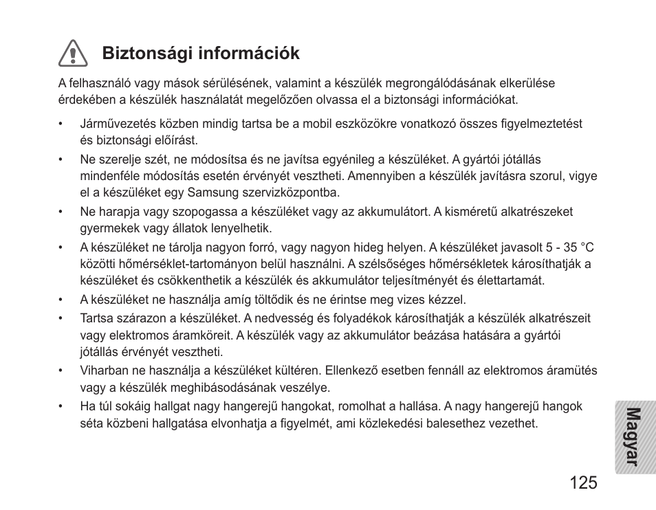 Magyar 125 biztonsági információk | Samsung BHM1100 User Manual | Page 127 / 149