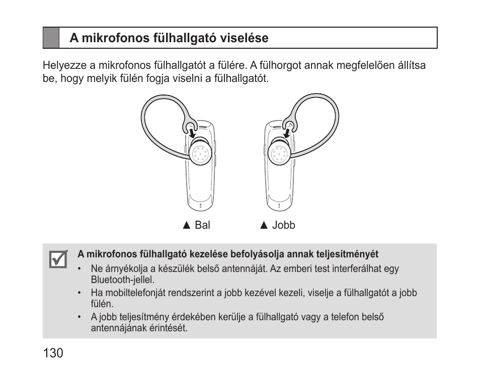 A mikrofonos fülhallgató viselése, 130 a mikrofonos fülhallgató viselése | Samsung BHM1100 User Manual | Page 132 / 149