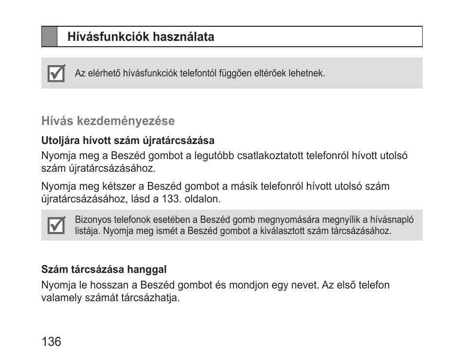 Hívásfunkciók használata | Samsung BHM1100 User Manual | Page 138 / 149