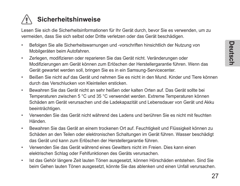 Deutsch 27 sicherheitshinweise | Samsung BHM1100 User Manual | Page 29 / 149