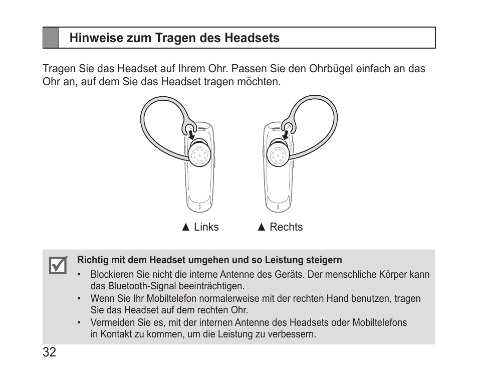 Hinweise zum tragen des headsets, 32 hinweise zum tragen des headsets | Samsung BHM1100 User Manual | Page 34 / 149
