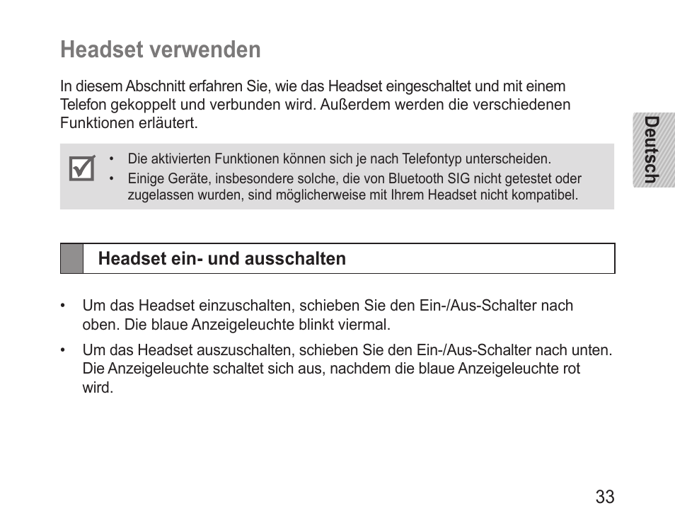 Headset verwenden, Headset ein- und ausschalten | Samsung BHM1100 User Manual | Page 35 / 149