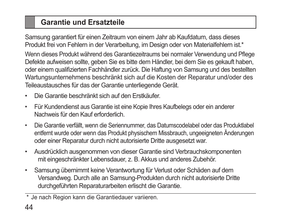 Garantie und ersatzteile | Samsung BHM1100 User Manual | Page 46 / 149