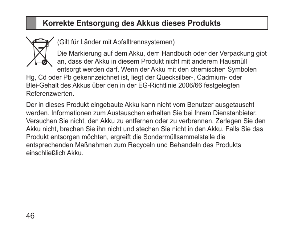 Korrekte entsorgung der batterien dieses produkts | Samsung BHM1100 User Manual | Page 48 / 149
