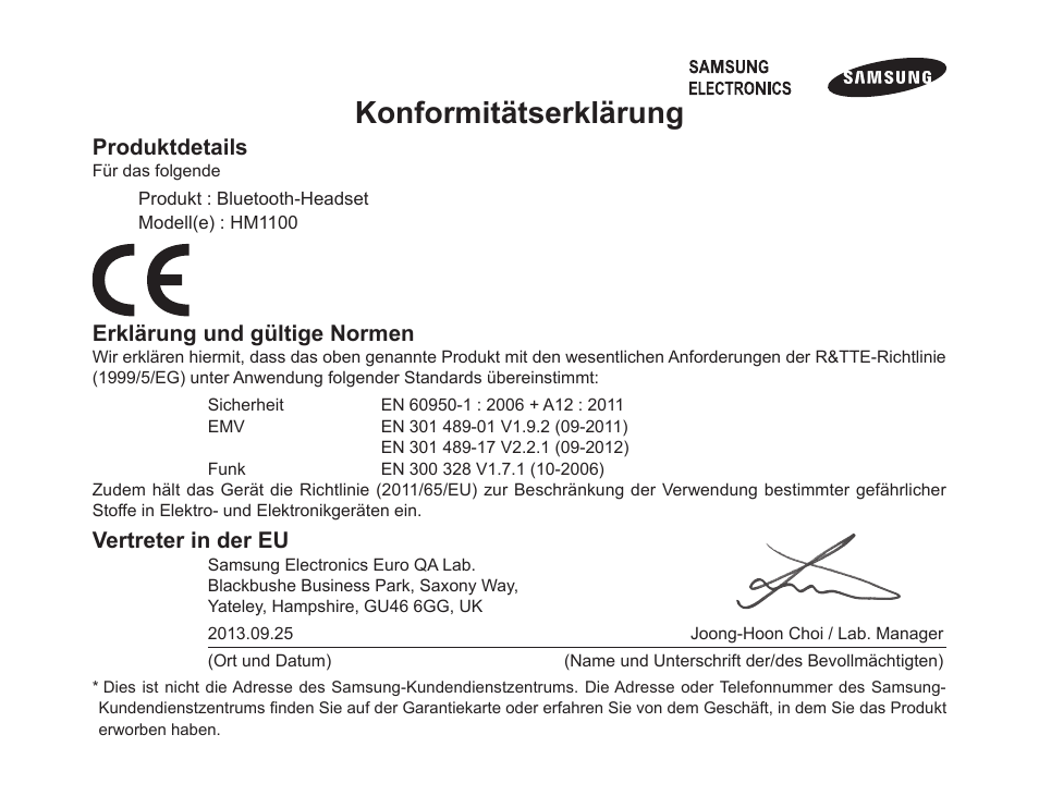 Konformitätserklärung | Samsung BHM1100 User Manual | Page 50 / 149