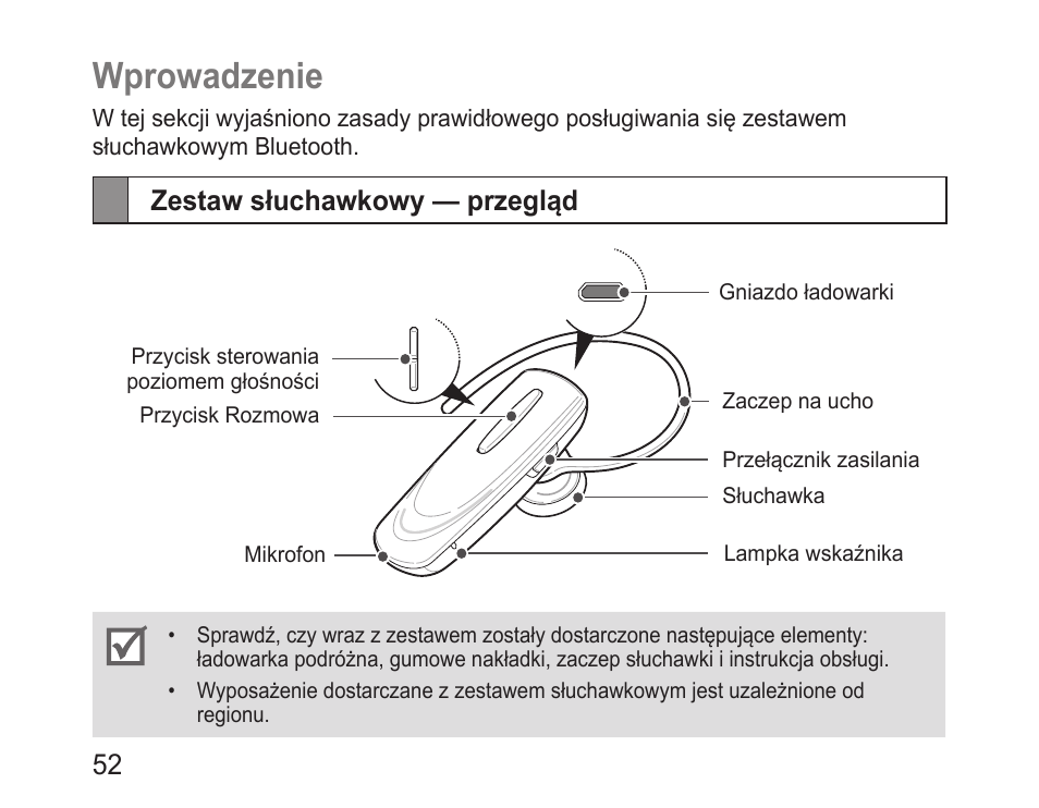 Wprowadzenie, Zestaw słuchawkowy — przegląd | Samsung BHM1100 User Manual | Page 54 / 149