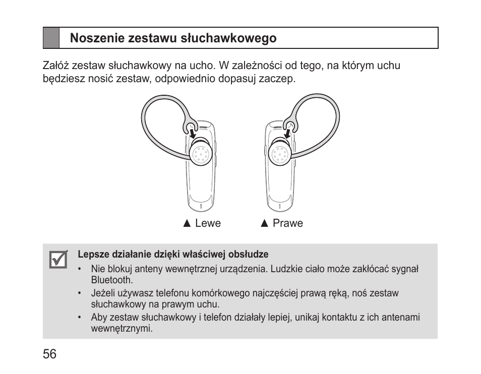 Noszenie zestawu słuchawkowego, 56 noszenie zestawu słuchawkowego | Samsung BHM1100 User Manual | Page 58 / 149