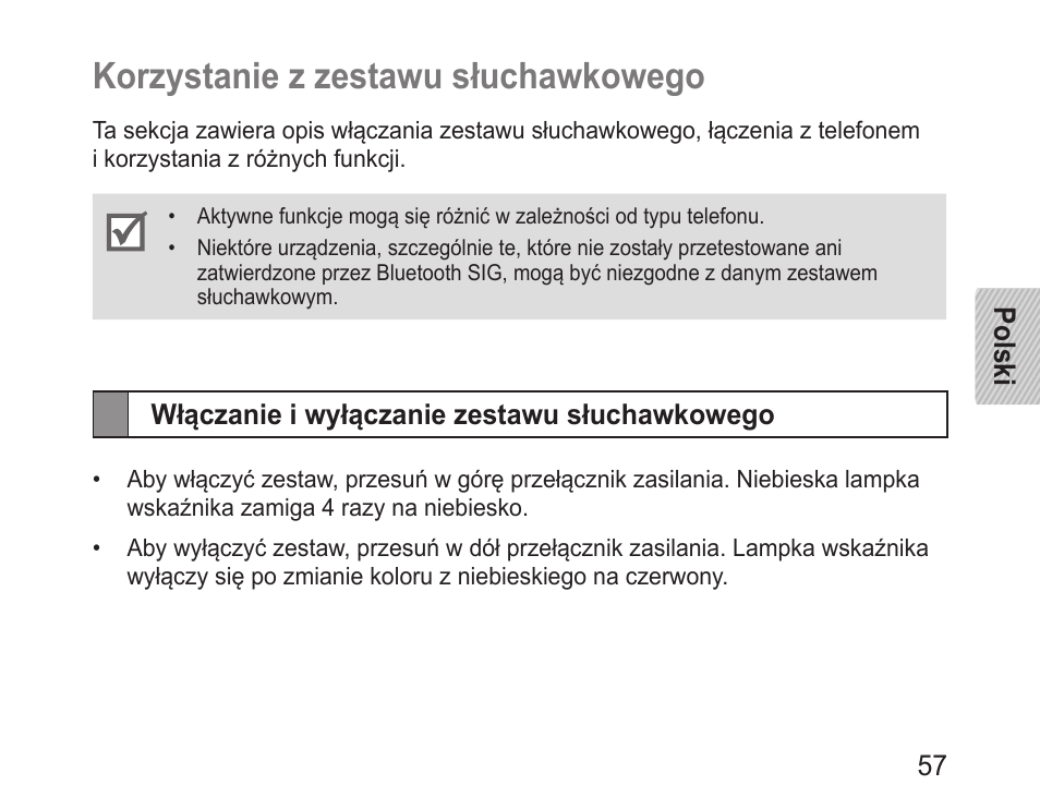 Korzystanie z zestawu słuchawkowego, Włączanie i wyłączanie zestawu słuchawkowego | Samsung BHM1100 User Manual | Page 59 / 149