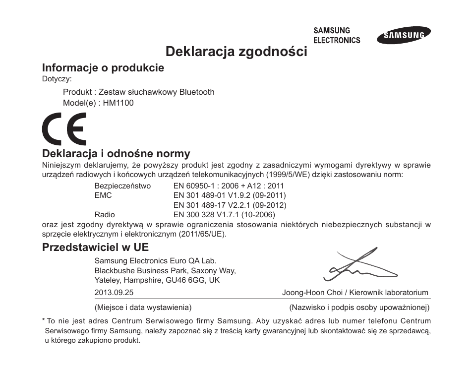 Deklaracja zgodności, Informacje o produkcie, Deklaracja i odnośne normy | Przedstawiciel w ue | Samsung BHM1100 User Manual | Page 75 / 149