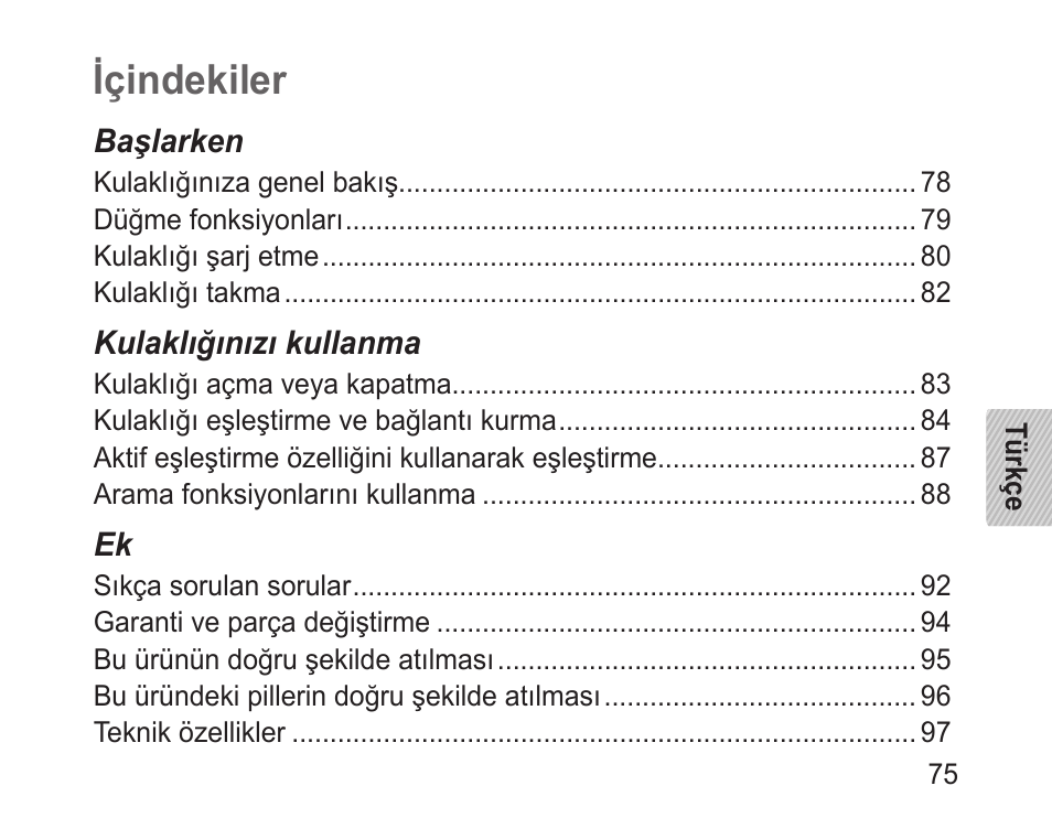 Türkçe, Içindekiler | Samsung BHM1100 User Manual | Page 77 / 149