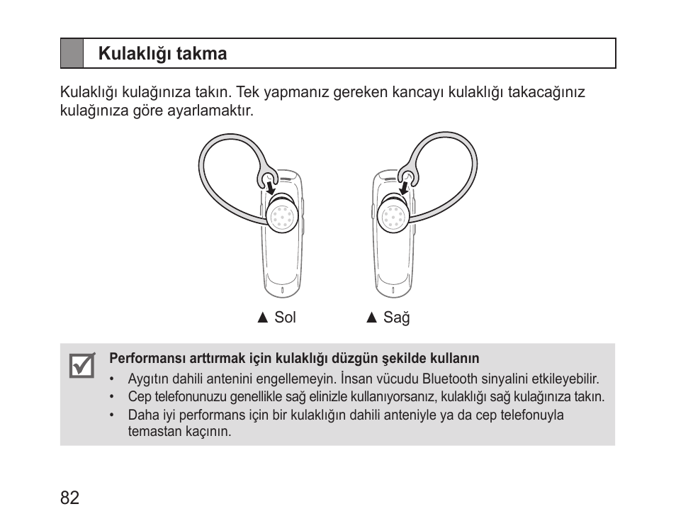 Kulaklığı takma | Samsung BHM1100 User Manual | Page 84 / 149
