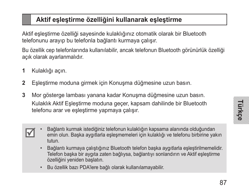 Aktif eşleştirme özelliğini kullanarak eşleştirme | Samsung BHM1100 User Manual | Page 89 / 149