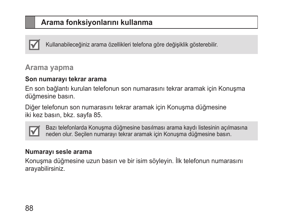 Arama fonksiyonlarını kullanma | Samsung BHM1100 User Manual | Page 90 / 149