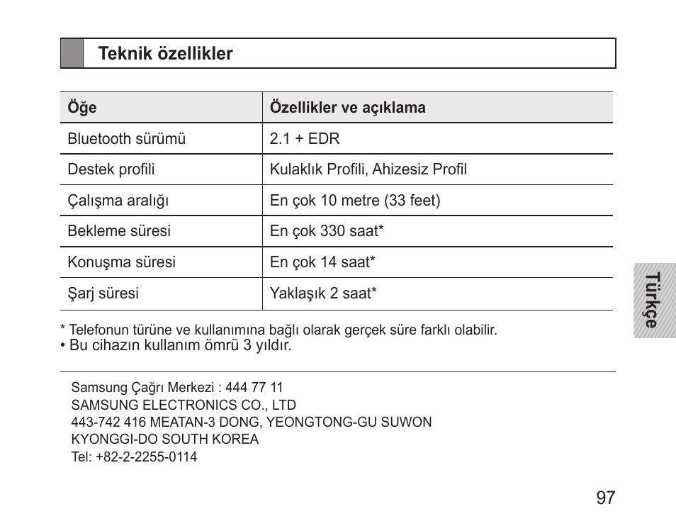 Teknik özellikler | Samsung BHM1100 User Manual | Page 99 / 149