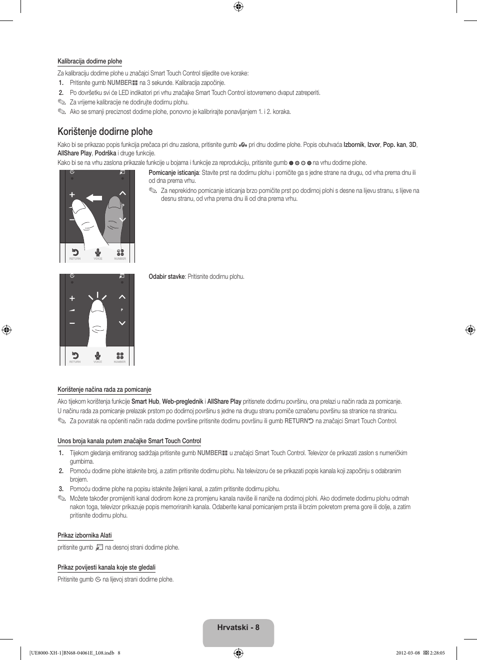 Korištenje dodirne plohe | Samsung UE55ES8000S User Manual | Page 123 / 185