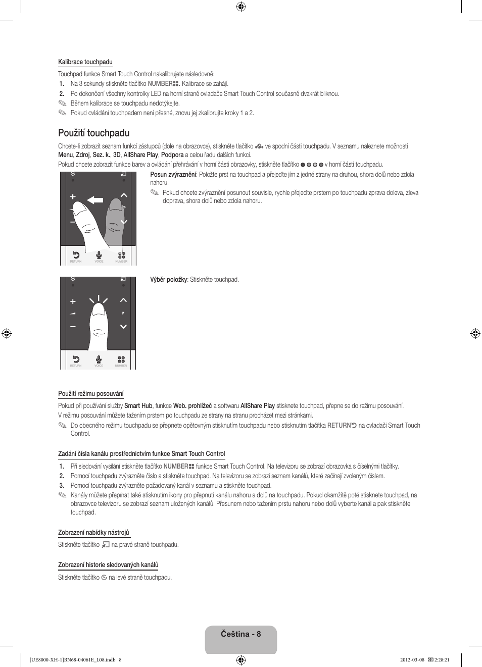 Použití touchpadu | Samsung UE55ES8000S User Manual | Page 146 / 185