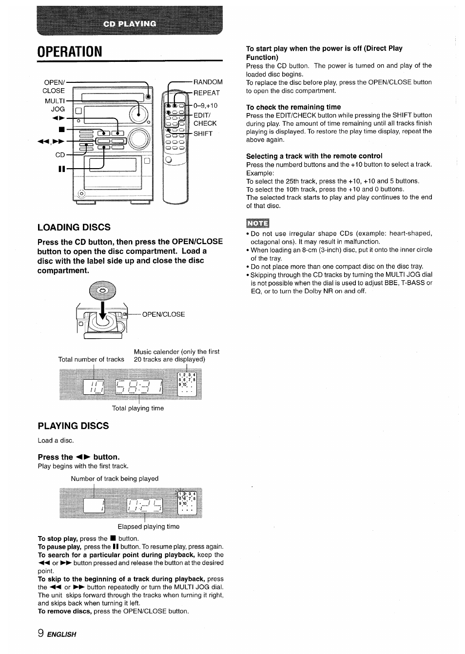 To check the remaining time, Selecting a track with the remote control, Loading discs | Playing discs, Operation | Aiwa XR-M35 User Manual | Page 10 / 64